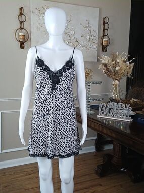 Victoria's Secret 100% Silk Leopard Print Satin Slip Dress - Black & White Large